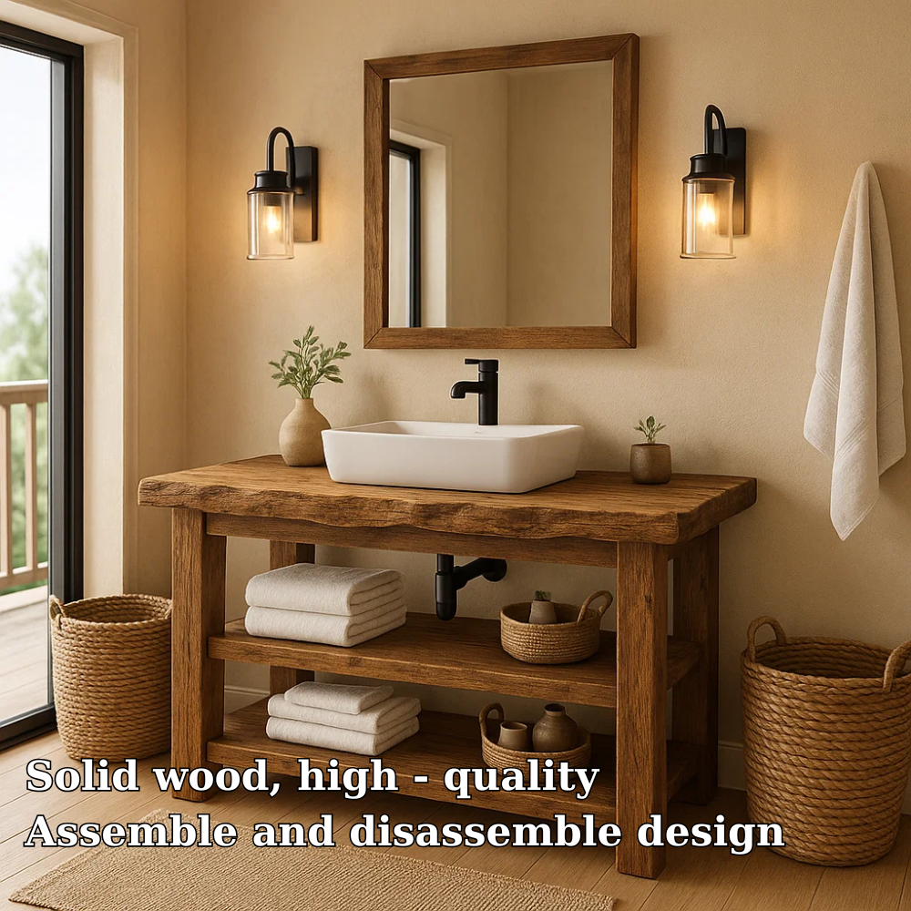 Rustic Solid Wood Bathroom Vanity with Vessel Sink and Open Storage