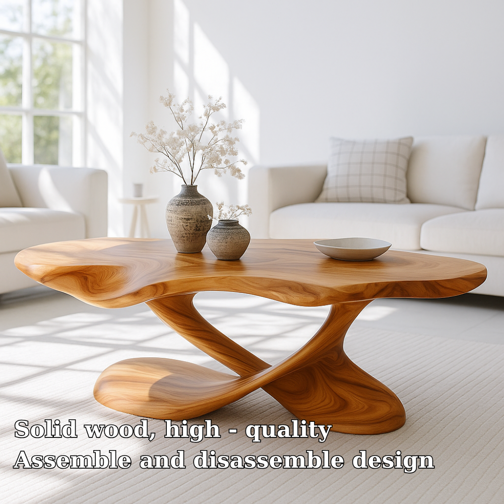 Modern Solid Wood Coffee Table with Sculptural Curved Base for Living Room