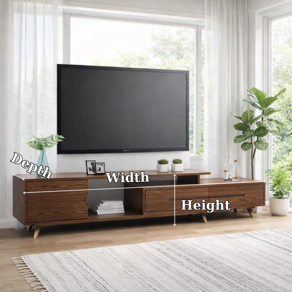 Modern Solid Wood TV Console with Drawers & Open Shelf – Low Media Unit