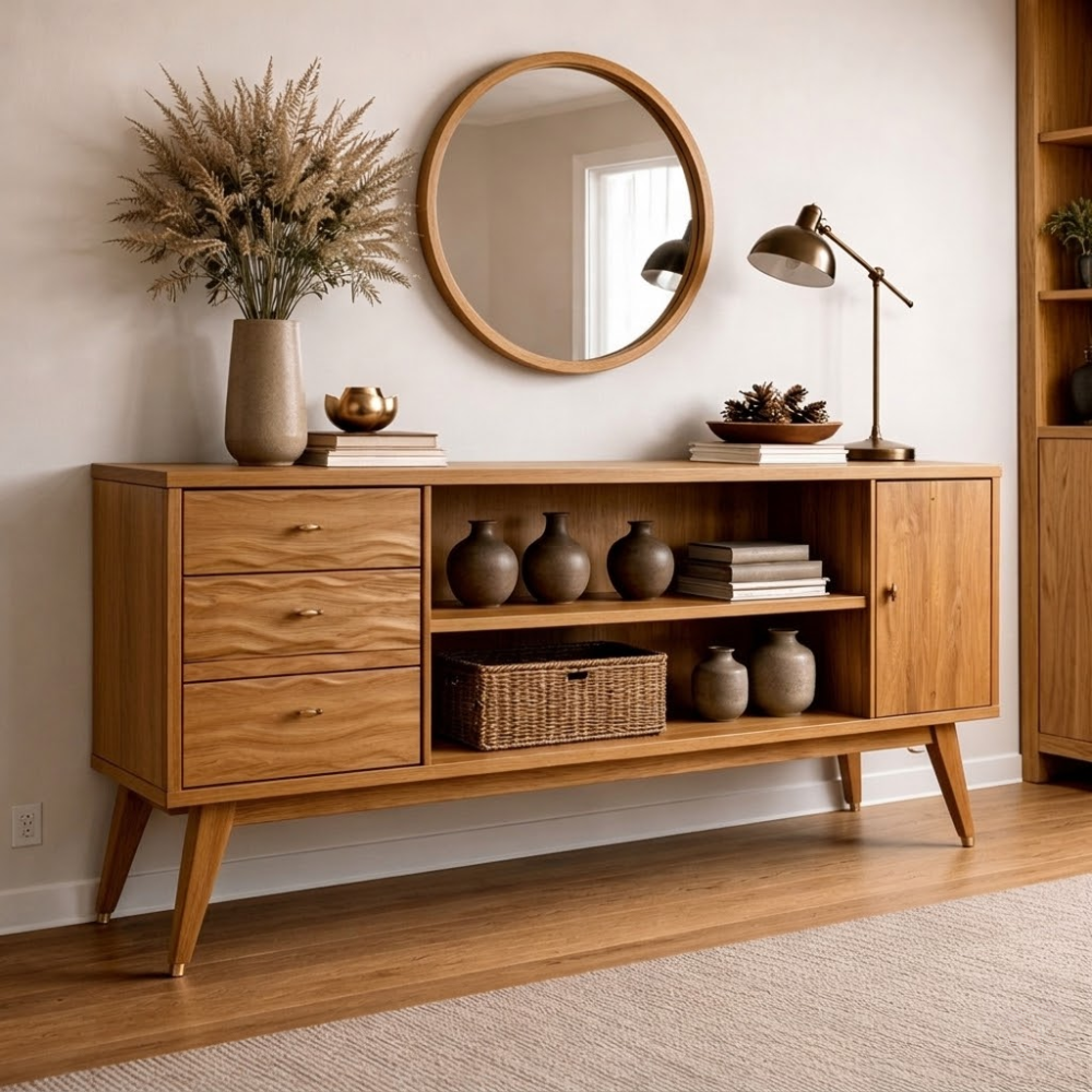 Mid-Century Modern Walnut Console Cabinet | Storage with Elegant Wave Design