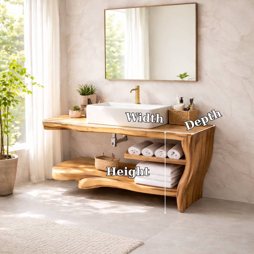 Live Edge Solid Wood Bathroom Vanity with Shelf – Rustic Modern Floating Vanity