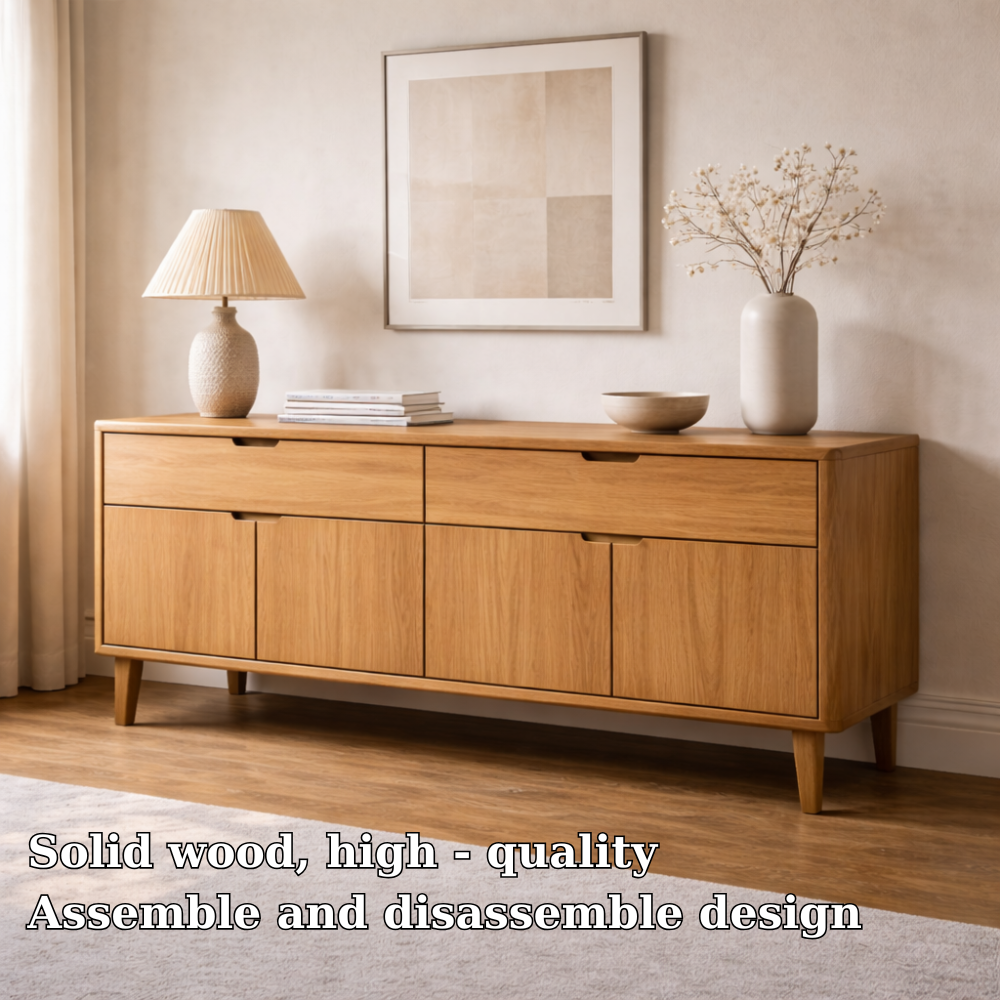 Mid Century Solid Wood Console Cabinet with Drawers and Door Storage
