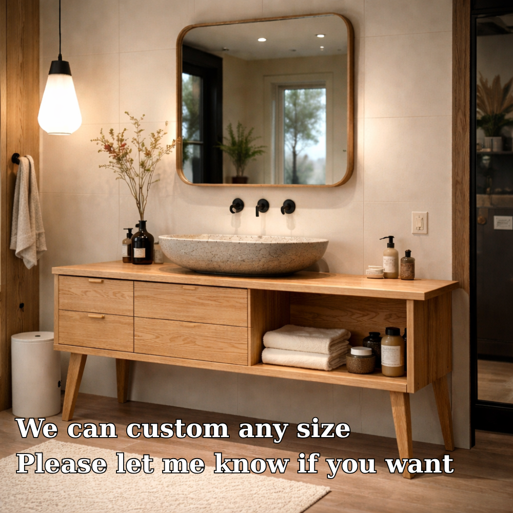 Solid Wood Bathroom Vanity with Drawers & Open Shelf – Modern Oak Vanity Cabinet