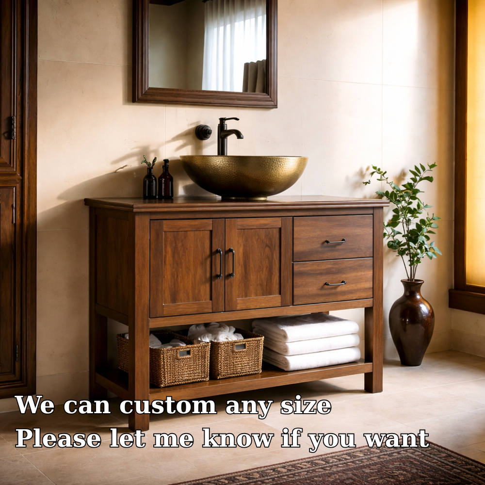 Solid Wood Bathroom Vanity with Drawers, Cabinet Doors & Open Shelf Storage