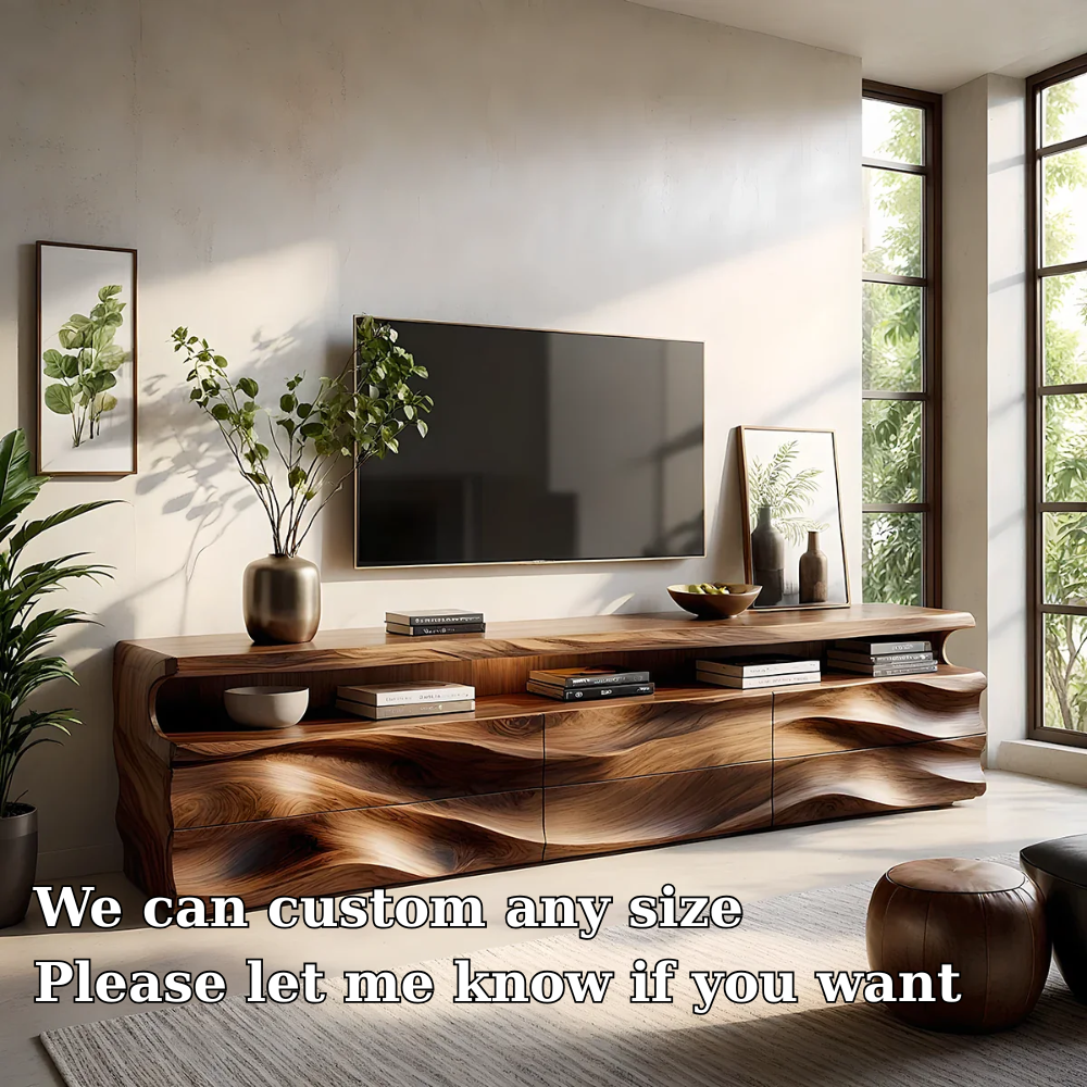 Solid Wood TV Stand Modern Walnut Media Console with Wave Front Design