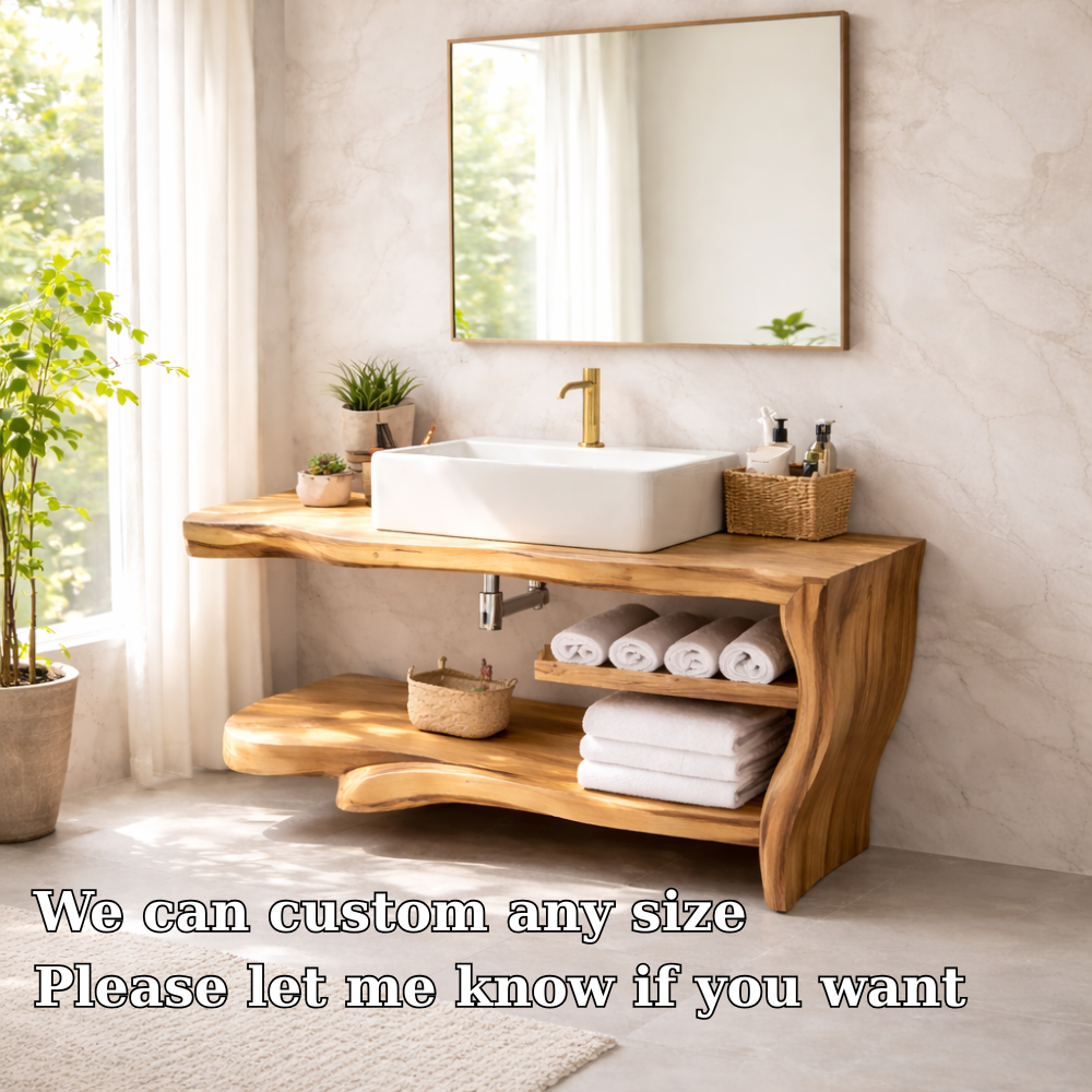 Live Edge Solid Wood Bathroom Vanity with Shelf – Rustic Modern Floating Vanity