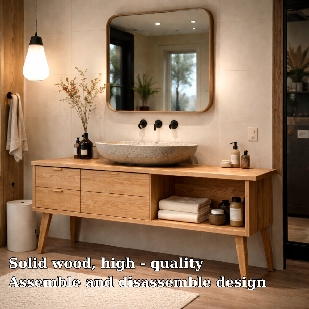 Solid Wood Bathroom Vanity with Drawers & Open Shelf – Modern Oak Vanity Cabinet