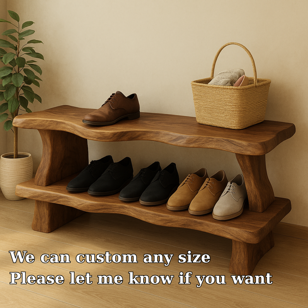 Rustic Wooden Shoe Storage Bench – Solid Wood Entryway Bench with Open Shelf
