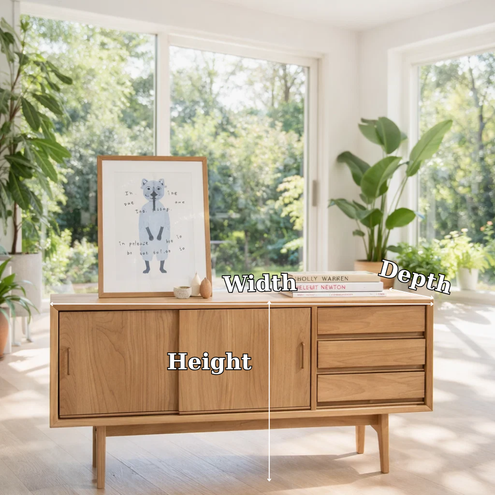 Mid Century Sideboard Cabinet with Drawers and Sliding Doors