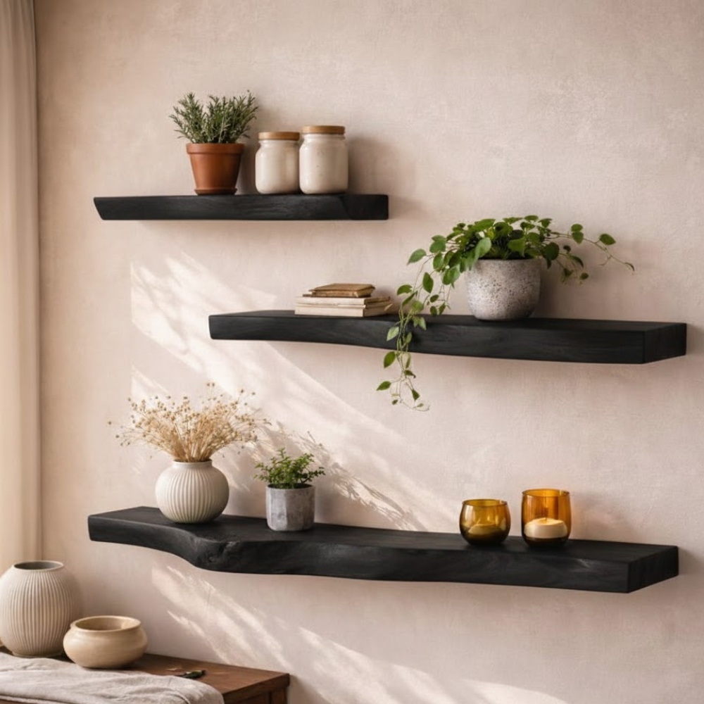 Handcrafted Solid Wood Organic Wall Shelf - Unique Live Edge Floating Decor for Home & Kitchen