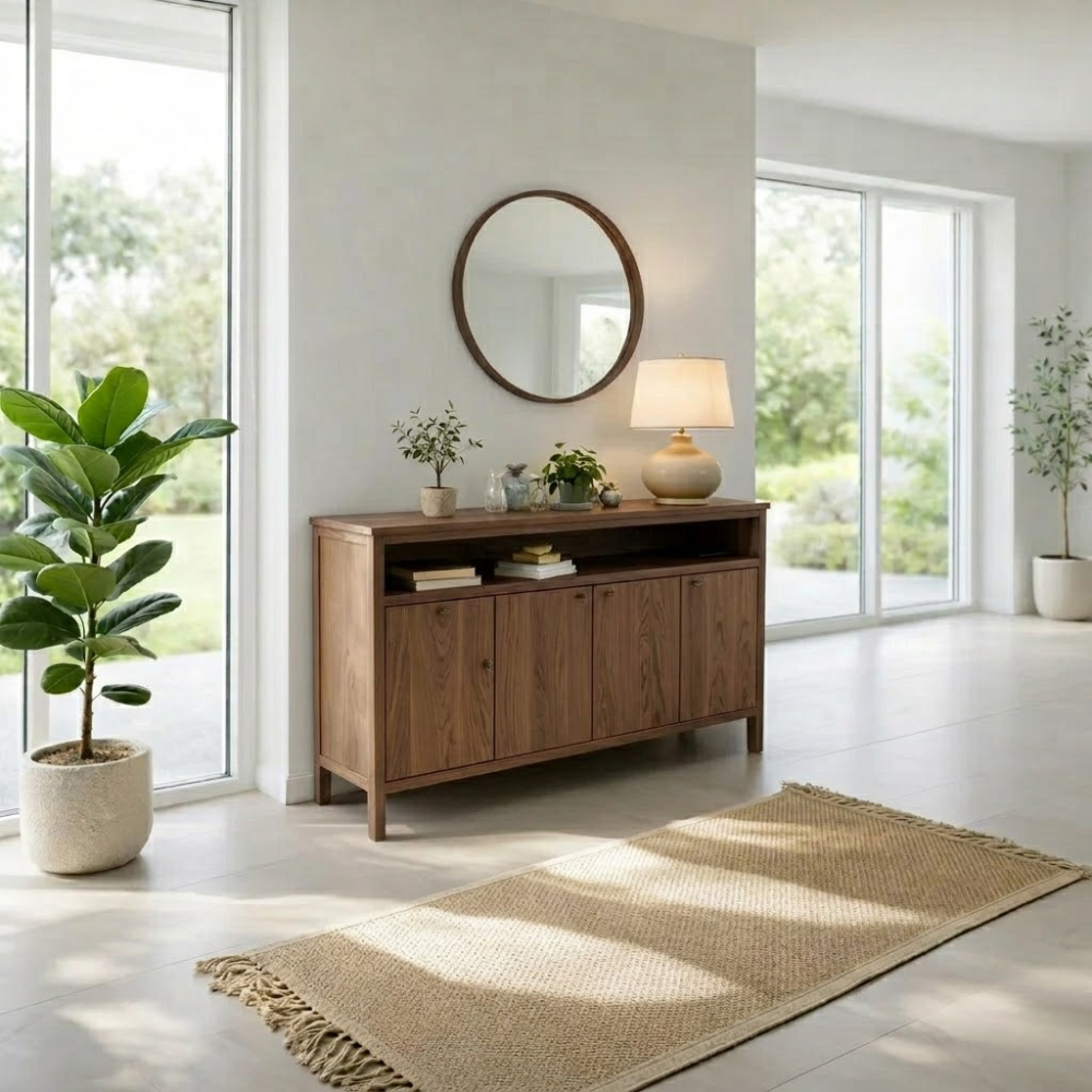 Solid Wood Sideboard Console with Cabinet Doors & Shelf, Modern Storage Cabinet