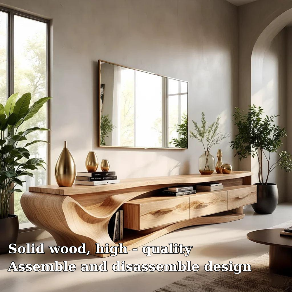Solid Wood Media Console with Curved Design, Modern TV Stand with Storage