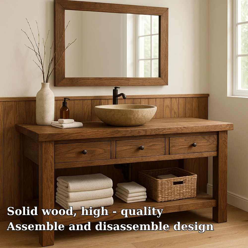 Solid Wood Bathroom Vanity with Drawers and Open Shelf Rustic Single Sink Vanity