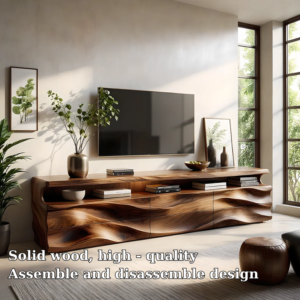 Solid Wood TV Stand Modern Walnut Media Console with Wave Front Design