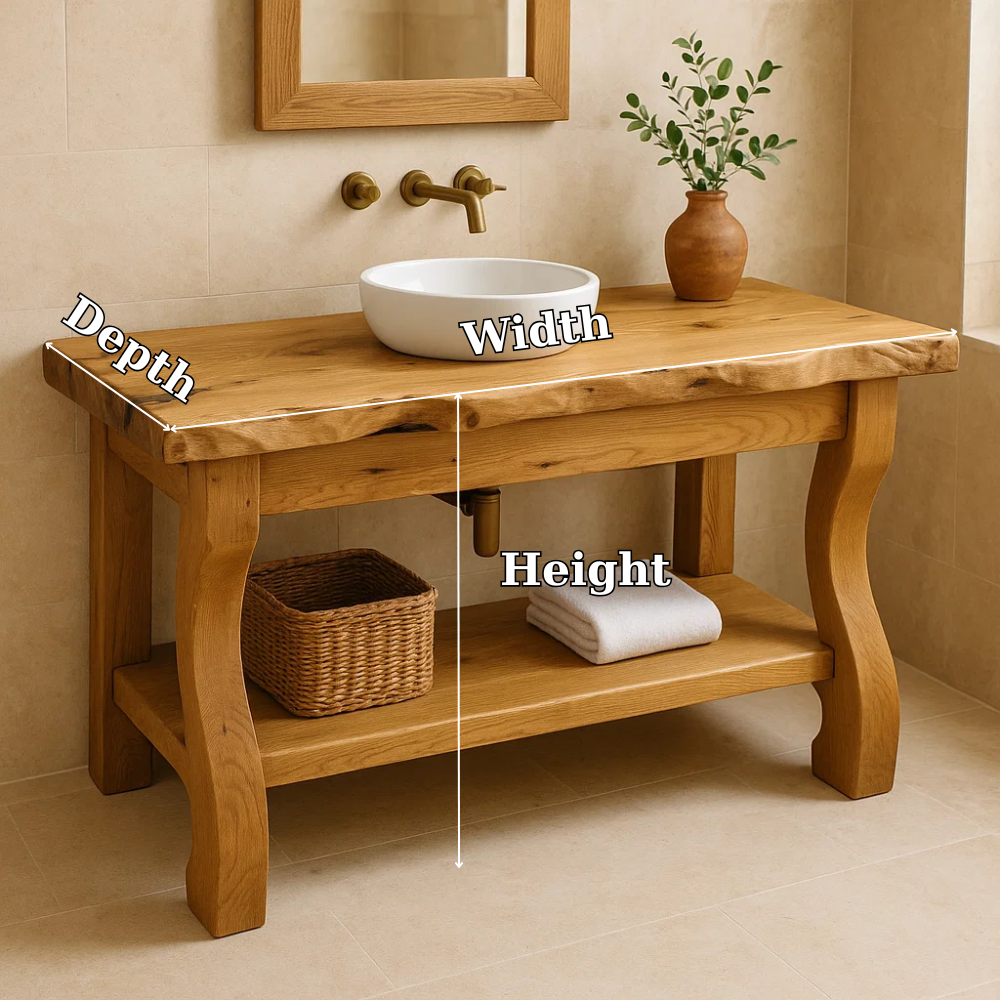 Solid Oak Floating Bathroom Vanity with Round Sink and Brass Fixtures