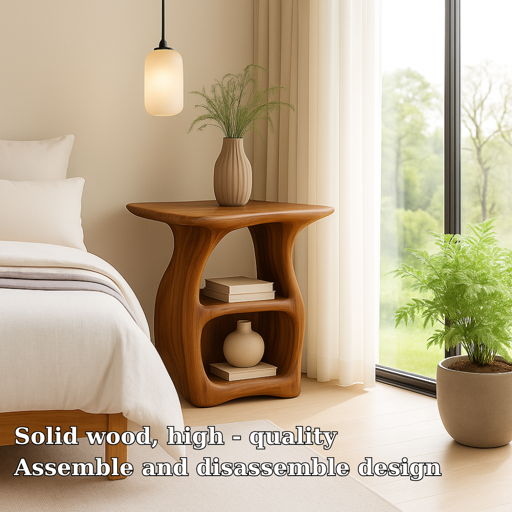 Contemporary Oak Nightstand with Unique Curved Shelves - Minimalist Design