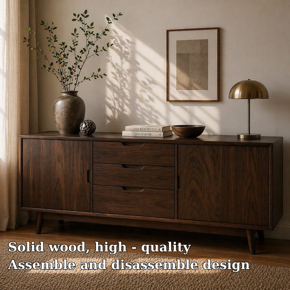Mid Century Solid Wood Sideboard Cabinet with Drawers & Doors Storage