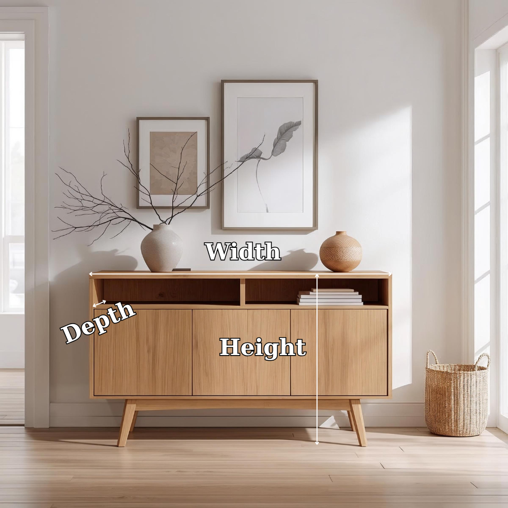 Mid-Century Modern Solid Wood Console Cabinet with Open Shelf and Storage
