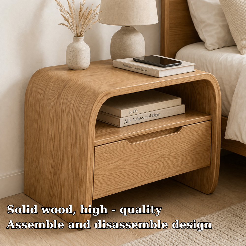 Curved Solid Wood End Table with Drawer and Shelf – Modern Bedside Nightstand
