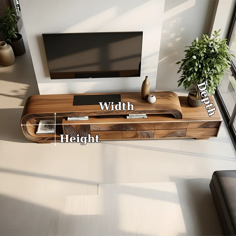 Solid Wood TV Stand Modern Walnut Media Console with Sculptural Curve Design