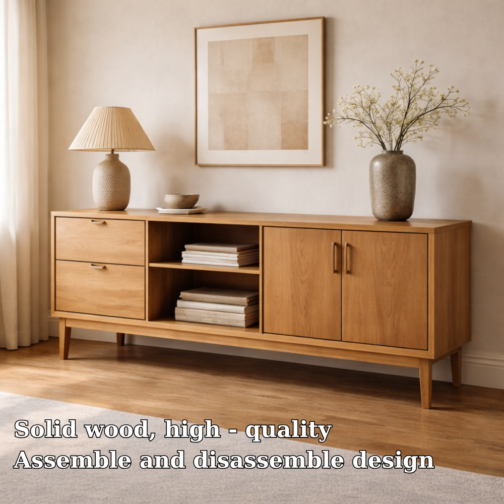 Solid Wood Console Cabinet with Drawers, Doors and Open Shelf Storage