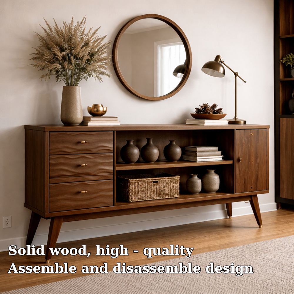 Mid-Century Modern Walnut Console Cabinet | Storage with Elegant Wave Design