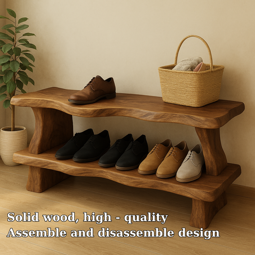 Rustic Wooden Shoe Storage Bench – Solid Wood Entryway Bench with Open Shelf