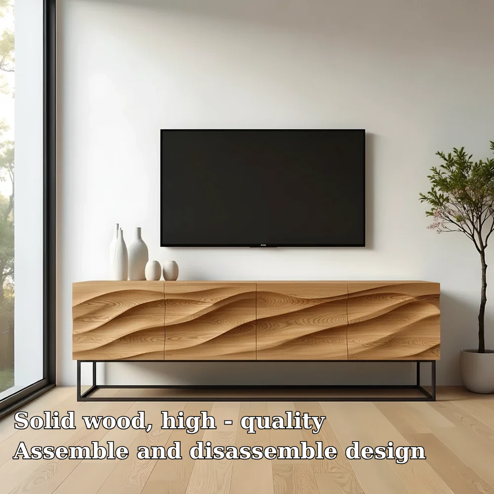 Solid Wood TV Stand Modern Oak Media Console with Wave Carved Storage Cabinet