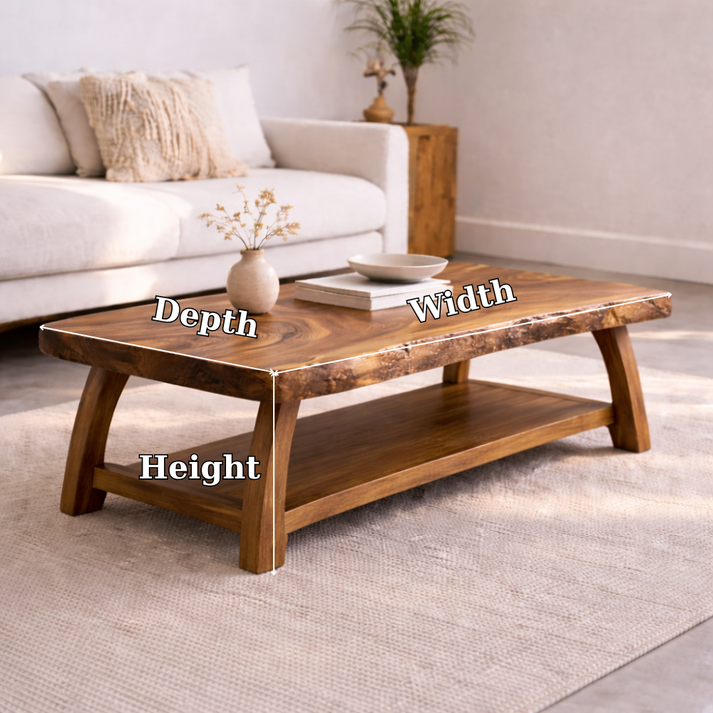 Live Edge Solid Wood Coffee Table with Storage Shelf – Rustic Modern Living Room Table