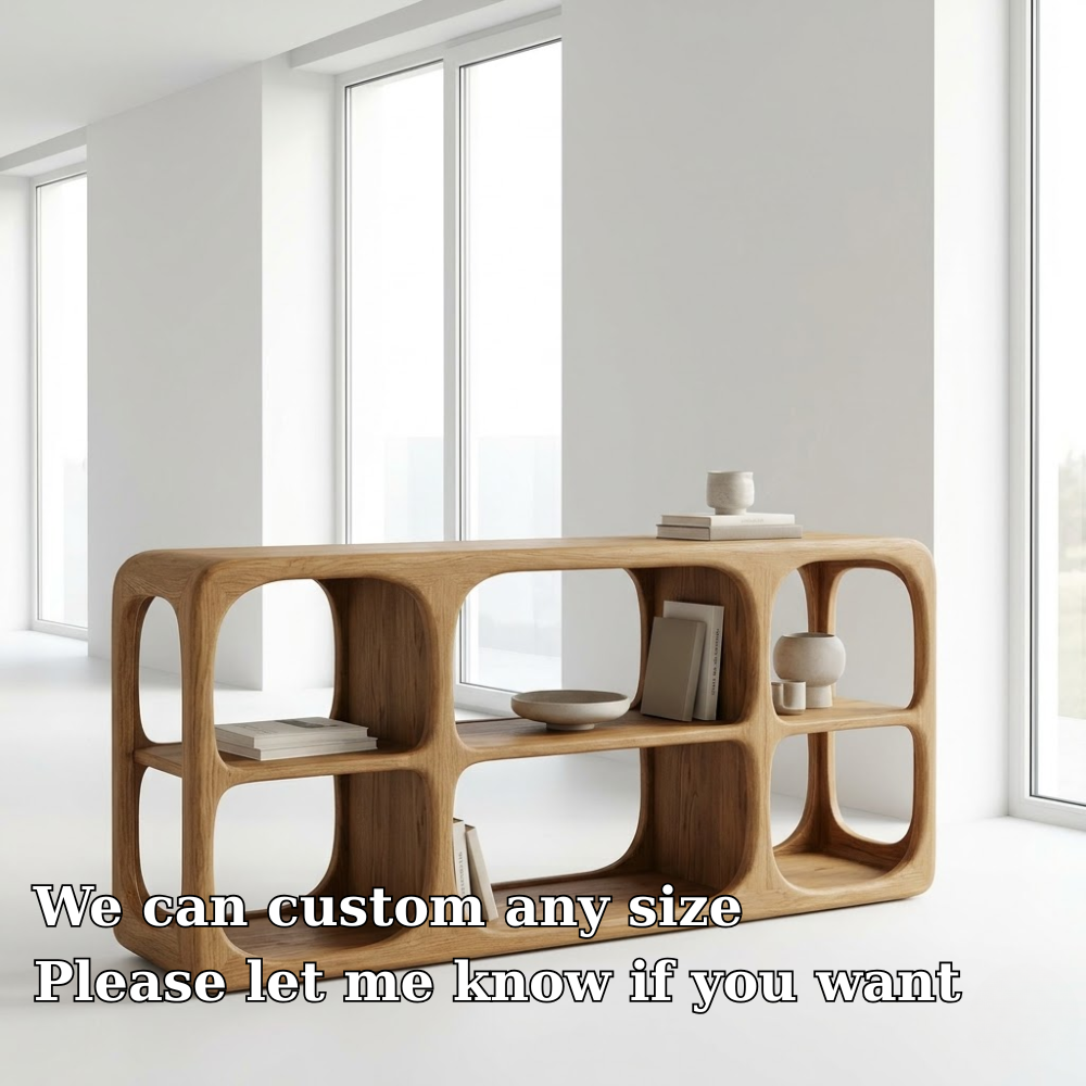 Minimalist Light Oak Console Cabinet - Sculptural Open Shelf Sideboard