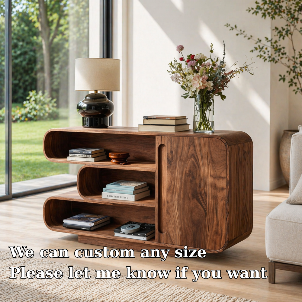 Curved Solid Wood Console Sideboard – Modern Walnut Storage Cabinet with Shelves