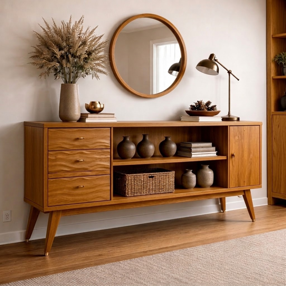 Mid-Century Modern Walnut Console Cabinet | Storage with Elegant Wave Design