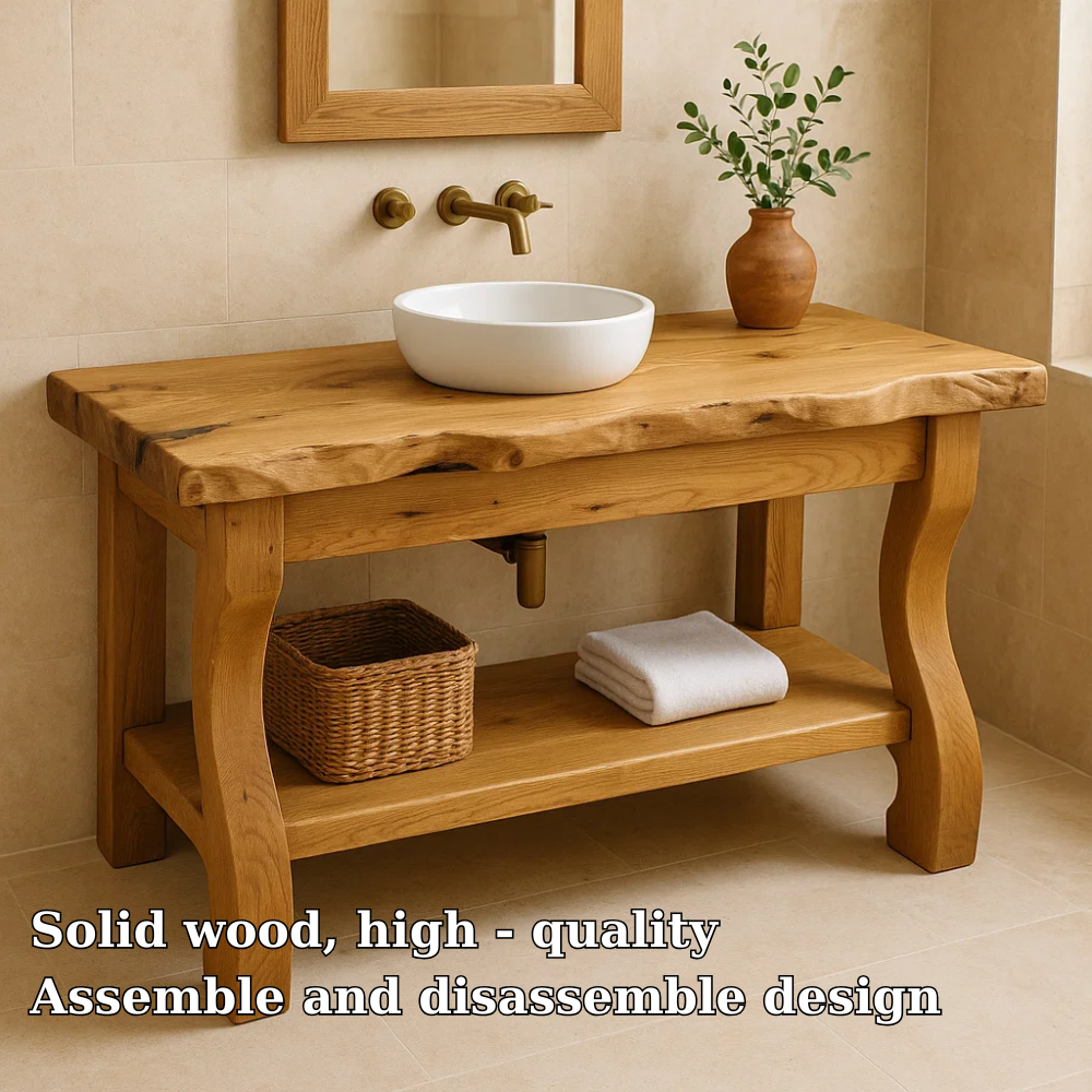 Solid Oak Floating Bathroom Vanity with Round Sink and Brass Fixtures