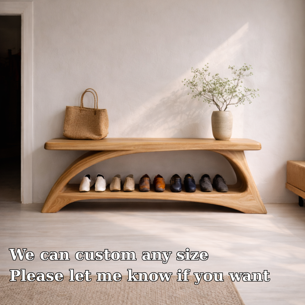 Solid Wood Entryway Bench with Shoe Storage Shelf – Modern Curved Wooden Shoe Rack Bench