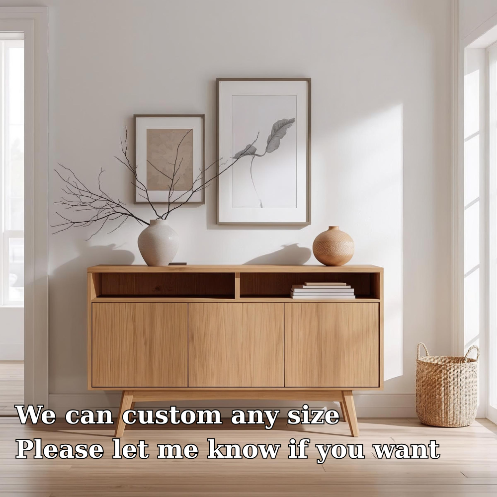 Mid-Century Modern Solid Wood Console Cabinet with Open Shelf and Storage