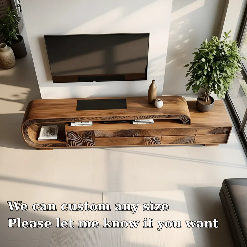 Solid Wood TV Stand Modern Walnut Media Console with Sculptural Curve Design