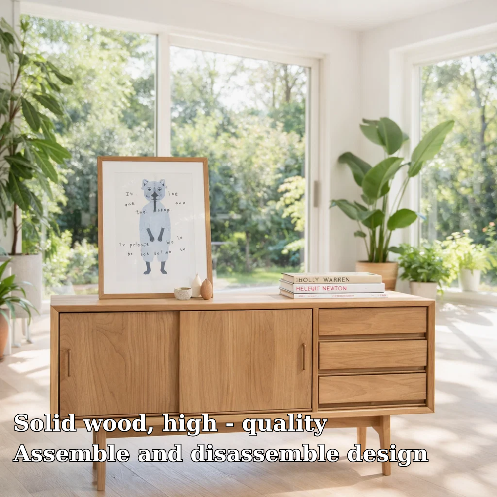 Mid Century Sideboard Cabinet with Drawers and Sliding Doors