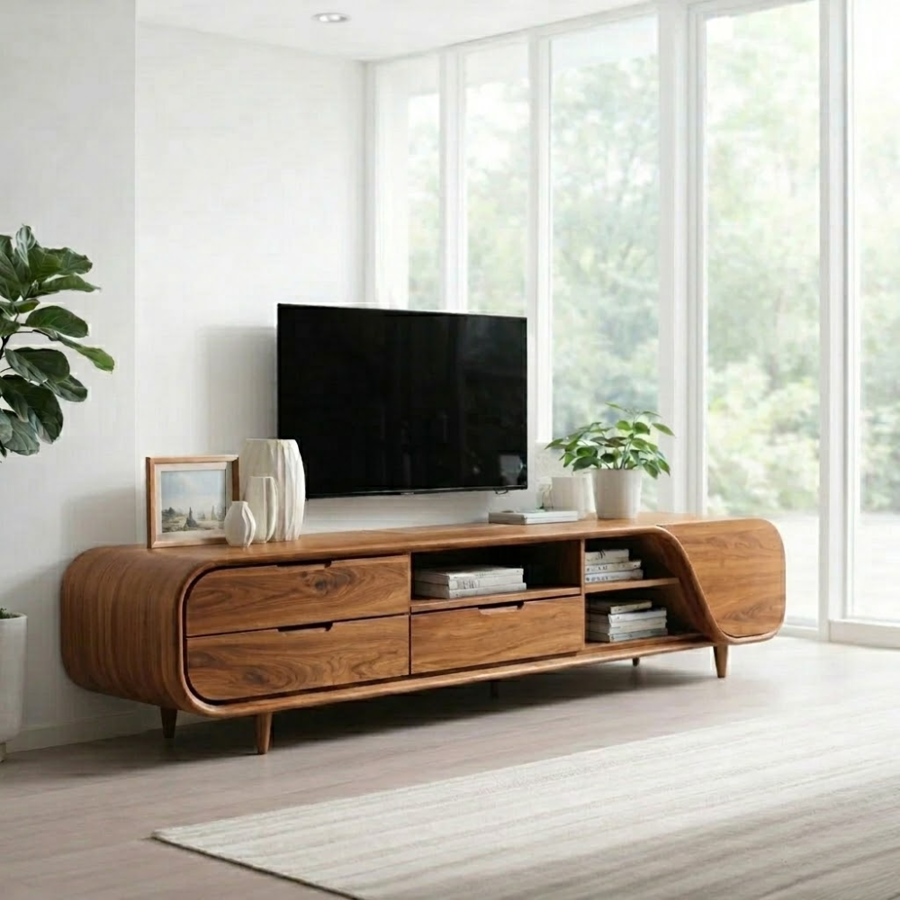Solid Wood Media Console with Curved Ends & Drawers, Modern TV Stand Cabinet