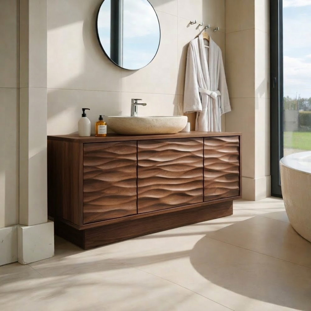 Solid Wood Bathroom Vanity with Wave-Design Front – Modern Storage Cabinet