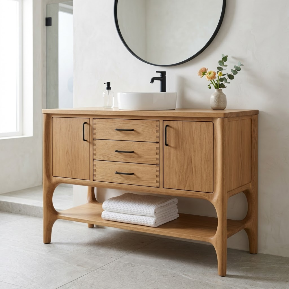 Solid Wood Bathroom Vanity with Drawers & Open Shelf – Modern Natural Base