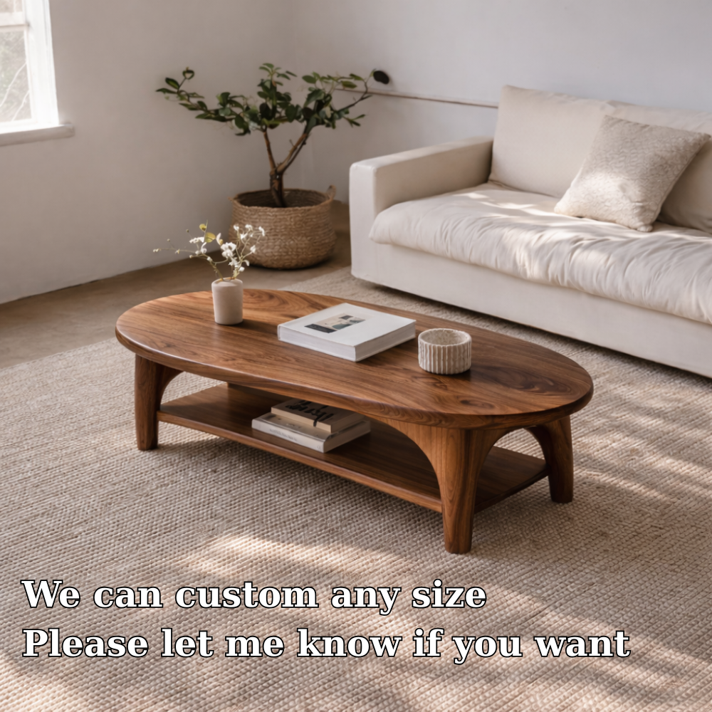 Handcrafted Solid Wood Coffee Table – Oval Modern Center Table with Shelf
