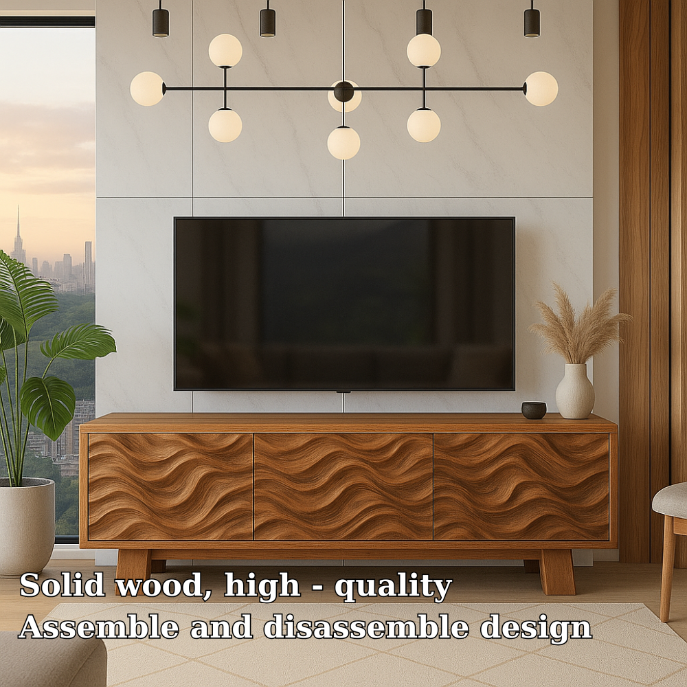 Solid Wood TV Stand Modern Walnut Media Console with Wave Front Storage Cabinet