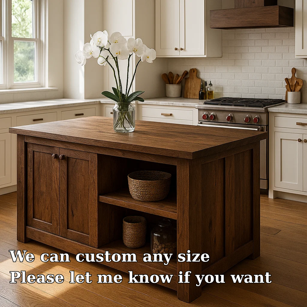 Live Edge Solid Wood Kitchen Island - Rustic Farmhouse Butcher Block Prep Table with Storage