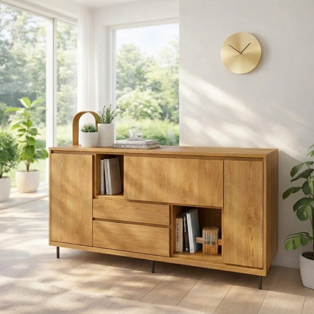 Modern Sideboard Cabinet with Drawers and Open Storage