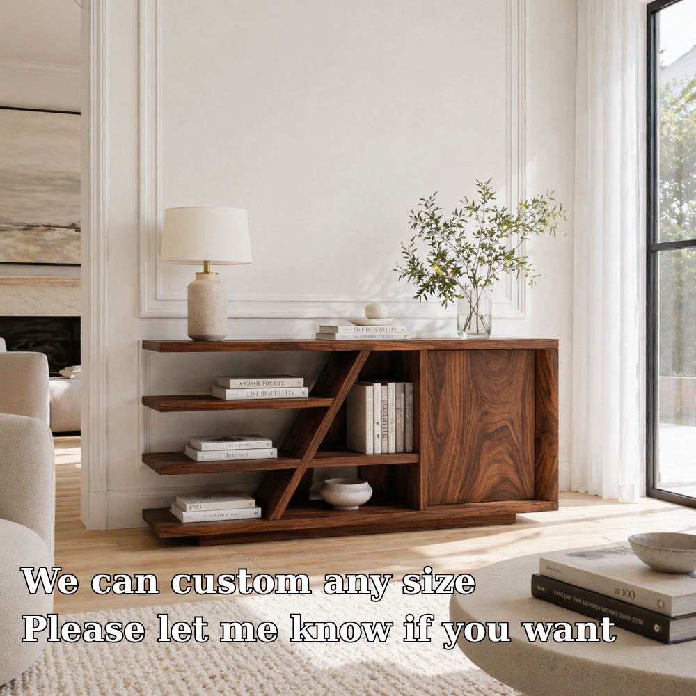Solid Wood Console Sideboard with Open Shelves – Modern Walnut Storage Cabinet