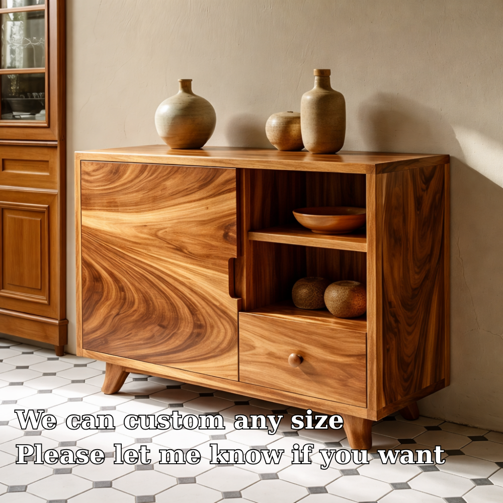 Solid Wood Console Cabinet | Mid-Century Modern with Open Shelving and Drawers