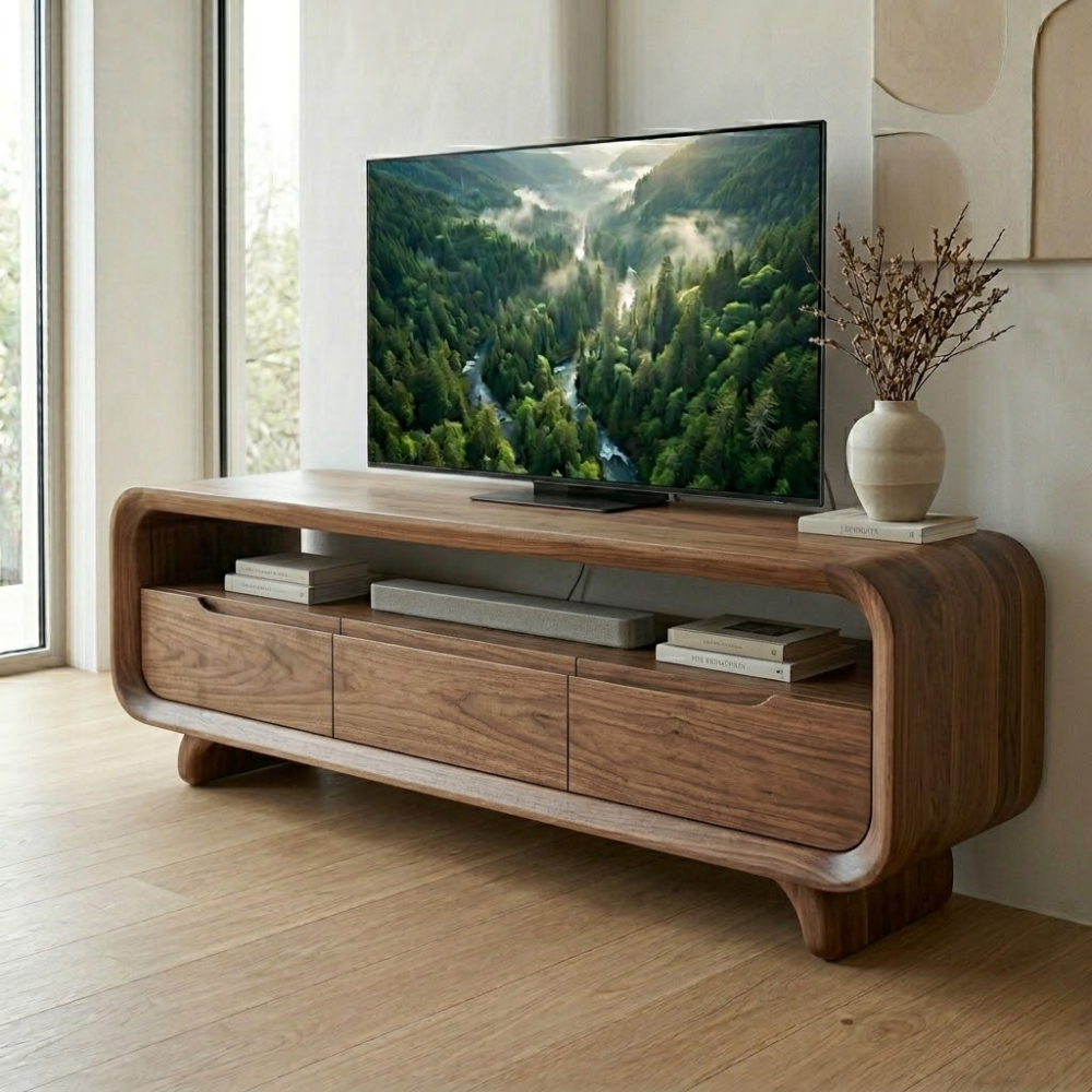 Solid Wood Media Console with Curved Edges – Modern TV Stand with Storage
