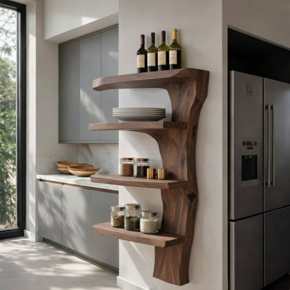 Handcrafted Solid Wood Live Edge Wall Shelf - Rustic Floating Kitchen Organizer & Display