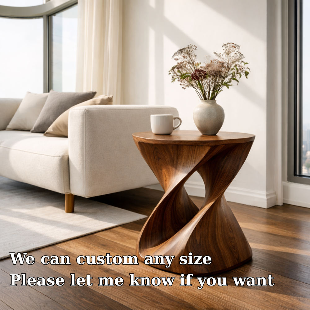 Modern Sculptural Solid Wood End Table – Artistic Curved Side Table for Living Room