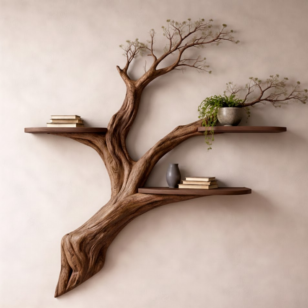 Handcrafted Solid Wood Tree Branch Wall Shelf - Rustic Floating Bookshelf & Kitchen Decor